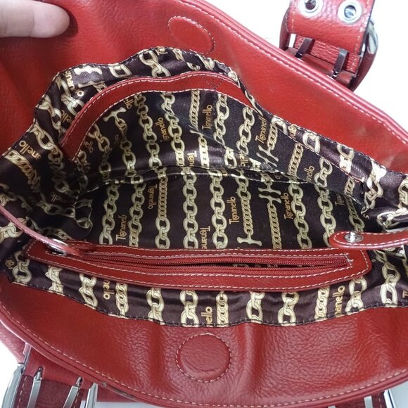 Tignanello Red Pebbled Leather Handbag Dual Buckle Straps Chain Print Lining - Picture 4 of 10